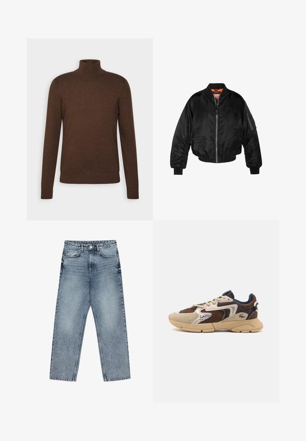 Zwarte bomberjack gemaakt van glanzende nylon stof met ribbelmanchetten, een ritssluiting aan de voorkant en een oranje voering. Bevat een ritssluiting zak op de mouw.; Bruine coltrui van zacht materiaal, met lange mouwen, een aansluitend ontwerp en geribbelde accenten bij de kraag en zoom.; Lichtblauwe denim jeans met een rechte pijp, zichtbare stiksels, vijf zakken en een knoopsluiting in de taille.; Beige en bruine sneaker met gestructureerde meshpanelen, suède accenten en een rubberen zool. Bevat vetersluiting en merkdetails.