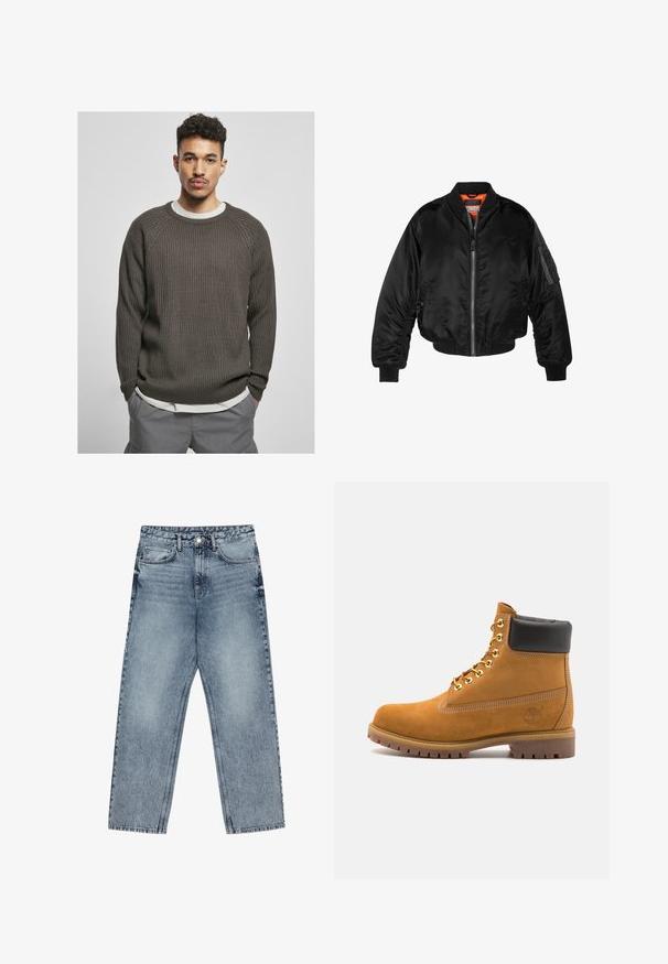 Zwarte bomberjack gemaakt van glanzende nylon stof met ribbelmanchetten, een ritssluiting aan de voorkant en een oranje voering. Bevat een ritssluiting zak op de mouw.; Donkerbruin geribbeld sweater met een ronde halslijn en raglanmouwen, gelaagd over een wit shirt. De textuur ziet er zacht en comfortabel uit.; Lichtblauwe denim jeans met een rechte pijp, zichtbare stiksels, vijf zakken en een knoopsluiting in de taille.; Tan suède enkelboot met zwart gevoerd kraagje, gouden metalen oogjes, witte stikdetails en een robuuste rubberen zool met uitgesproken profiel.