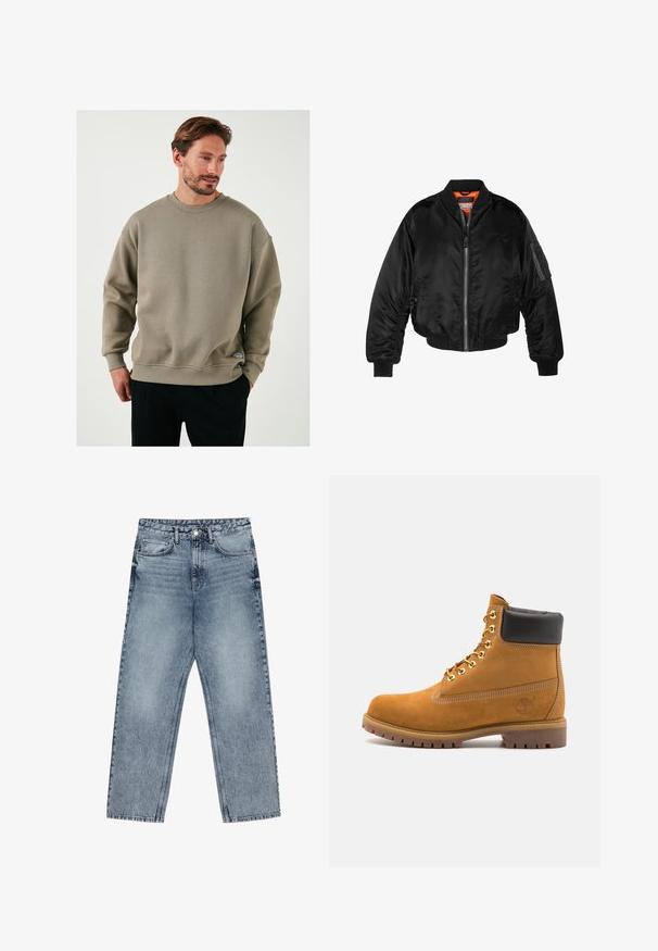 Giubbotto bomber nero realizzato in nylon lucido, con polsini a costine, chiusura con zip frontale e fodera arancione. Presenta una tasca con zip sulla manica.; Felpa verde oliva realizzata in tessuto testurizzato, con collo a giro, spalle cadenti e un piccolo etichetta con logo sull'orlo.; Jeans in denim azzurro chiaro con taglio a gamba dritta, cuciture visibili, design a cinque tasche e chiusura a bottoni in vita.; Stivale alla caviglia in suede tan con collare imbottito nero, occhielli in metallo dorato, dettagli in cucitura bianca e suola in gomma robusta con battistrada pronunciato.