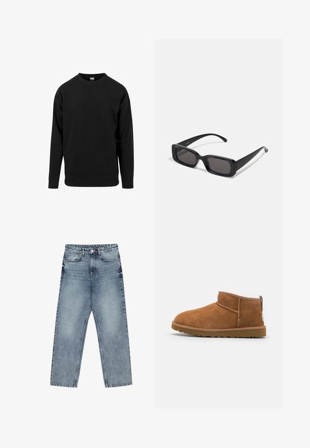 Crna bomberska jakna izrađena od sjajnog najlonskog materijala s rebrastim manžetama, prednjim zatvaračem i narančastim podstavom. Ima zip džep na rukavu.; Crni dukserica od mekog materijala. Ima okrugli izrez, duge rukave, te rebraste manžete i rub. Jednostavan, neukrašen dizajn.; Svijetloplave traperice ravnog kroja, vidljivo šivanje, dizajn s pet džepova i kopčanje na gumbu u struku.; Tamnasti antilop čizme do gležnja s zaobljenim vrhom, suptilnim detaljima šivanja i teksturiranom gumom potplatom. Niska visina bez pertli.; Crne pravokutne sunčane naočale s tamnim lećama, sjajnim završetkom, širokim drškama i masivnim okvirom. Ugraviran naziv branda na jednoj dršci.