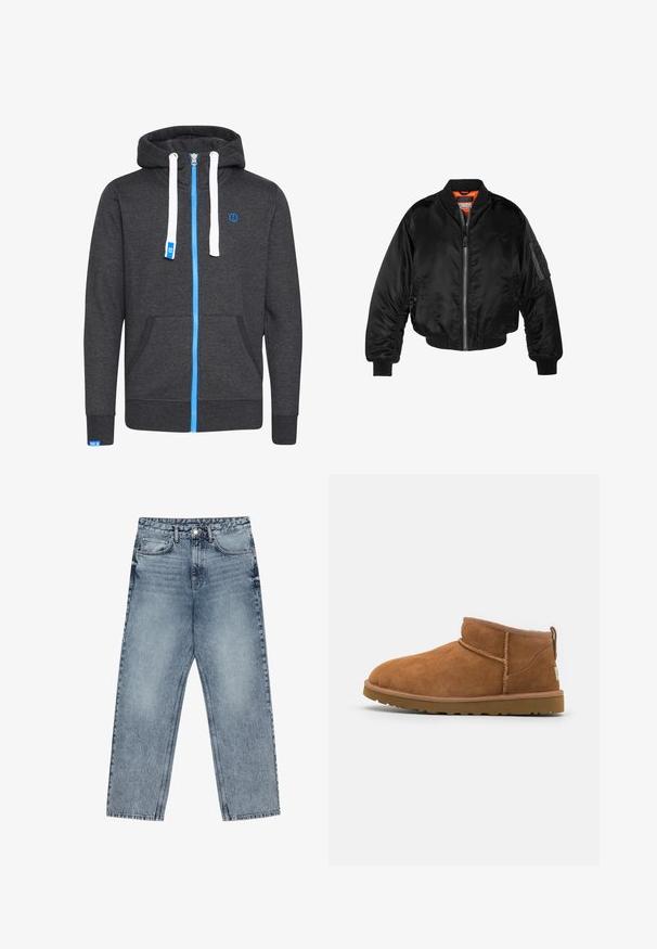 Veste bombardier noire en nylon brillant avec des poignets côtelés, un zip sur le devant et une doublure orange. Dotée d'une poche zippée sur la manche.; Hoodie zippé gris avec cordons blancs, fermeture éclair bleue et logo. Dispose de poches avant et de poignets et ourlet à côtes. Fabriqué à partir d'un tissu texturé.; Jean en denim bleu clair avec une coupe droite, couture visible, design à cinq poches et fermeture à bouton à la taille.; Bottine en suède beige avec un bout rond, des détails de couture subtils et une semelle en caoutchouc texturée. Hauteur courte sans lacets.