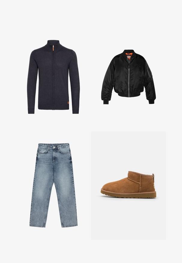 Črna bomberska jakna iz sijočega najlonskega materiala z rebrastimi manšeti, z zadrgo na sprednji strani in oranžno podlogo. Ima žep z zadrgo na rokavu.; Temno sivo pleteno jopico z visokim ovratnikom, popolnim zadrgo spredaj, rebrastimi manšetami in robom, sčaščno usnjeno dekoracijo blizu dna.; Svijetloplave traperice s ravnim krojem, vidljivim šavovima, dizajnom od pet džepova i kopčanjem na gumbu u struku.; Tanen semiš škornji do gležnjev z zaobljenim nosom, subtilnimi šivi in teksturirano gumijasto podplatom. Kratka višina brez vezalk.