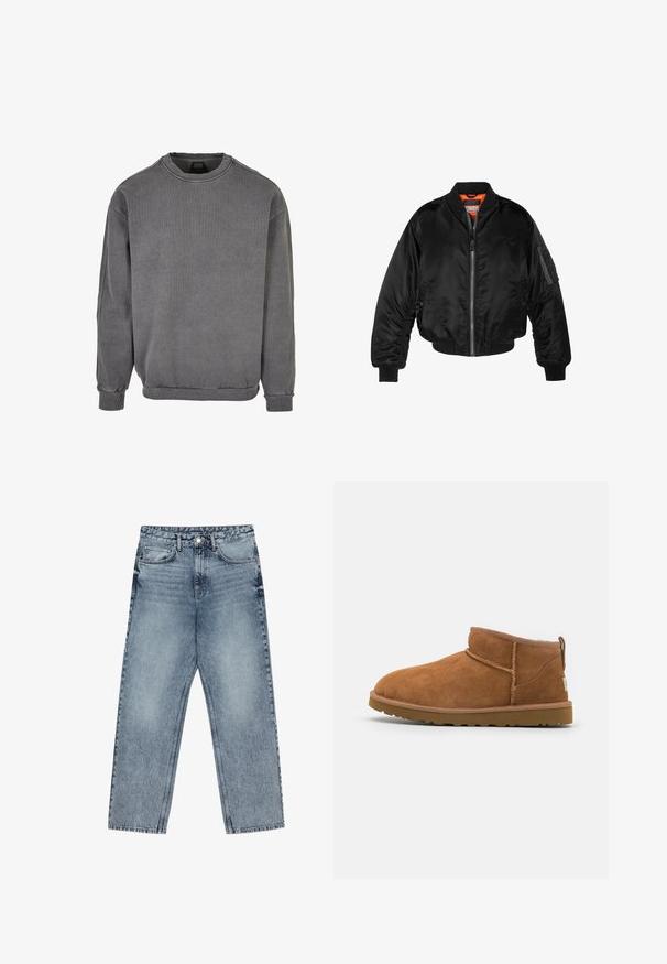 Fekete bomberdzseki fényes nylonból, bordás mandzsettákkal, cipzáros elülső résszel és narancssárga béléssel. Ujján cipzáras zseb található.; Szürke pulóver puha, texturált anyagból. Jellemzője a kerek nyakkivágás, hosszú ujjú és bordás mandzsetták valamint szegély. Minimális dizájn, amely mentes a mintáktól.; Világoskék farmernadrág egyenes szárú szabással, látható varrással, öt zsebes kialakítással és gombos derékkal.; Barna suéd bőrcipő, lekerekített orral, diszkrét varrásokkal és texturált gumitalppal. Rövid magasságú, fűző nélkül.