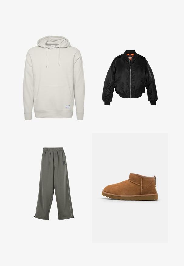 Musta pommittaja-takki, joka on valmistettu kiiltävästä nailonista, ribbettyistä hihansuista, vetoketjukiinnityksestä ja oranssista vuorauksesta. Takissa on vetoketjullinen tasku hihassa.; Vaaleanbeige huppari, joka on valmistettu pehmeästä kankaasta. Siinä on edessä tasku, kiristysnauha hupussa ja ribbaus hihansuissa. Sisältää pienen etikettidetaljin.; Karl Kani KK OS SIDESTRIPE - Housut - grey; Vaaleanruskeat mokkasaappaat nilkkapituiset, joissa on pyöristetty kärki, hienovaraiset ommeltydet ja teksturoitu kumipohja. Lyhyt malli ilman nauhoja.