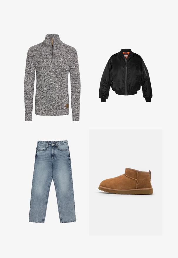 Juodas bomberio tipo švarkas, pagamintas iš blizgaus nailono audinio su lygiomis rankovėmis, užtrauktuku priekyje ir oranžine pamušalu. Su užtrauktuko kišene ant rankovės.; Pilkos ir juodos spalvos megztinis su aukštu apykakle, pusiau užtrauktuku ir tekstūruotu kabeliu raštu. Ant apačios yra logotipo ženkliukas.; Šviesiai mėlynos džinsinės kelnės su tiesiu kelnės siluetu, matomomis siūlėmis, penkių kišenių dizainu ir mygtuko uždarymu juosmens srityje.; Šviesiai rudos nubuko aulinukai iki kulkšnies su apvaliu pirštu, subtiliomis siuvimo detalėmis ir tekstūruota guma padanga. Žemas aukštis be raištelių.