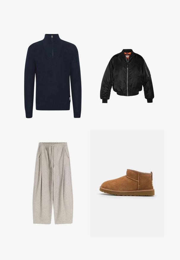 Fekete bomberdzseki fényes nylonból, bordás mandzsettákkal, cipzáros elülső résszel és narancssárga béléssel. Ujján cipzáras zseb található.; Solid SDChristo - Pulóver - insignia blue; Világosszürke melegítőnadrág rugalmas derékrésszel, állítható zsinórral, két oldalsó zsebbel és laza, bővülő lábakkal. Puha tapintás, redőzött dizájn.; Barna suéd bőrcipő, lekerekített orral, diszkrét varrásokkal és texturált gumitalppal. Rövid magasságú, fűző nélkül.