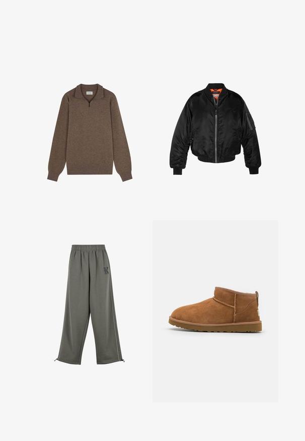 Sort bomberjakke lavet af skinnende nylonstof med ribbede manchetter, en lynlås fortil og en orange foring. Har en lynlåslomme på ærmet.; Brun pullover trøje med en kvart lynlås krave, lange ærmer, ribbede manchetter og kant, lavet af blødt, tekstureret stof.; Karl Kani KK OS SIDESTRIPE - Bukser - grey; Sandal mellemhøje støvler i tan ruskind med en rund tå, subtile syninger og en tekstureret gummisål. Kort højde uden snørebånd.