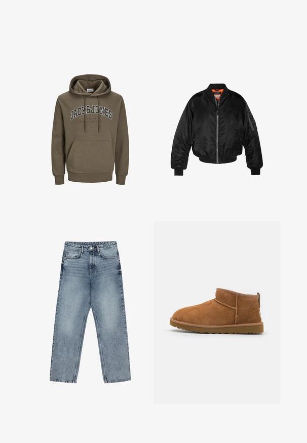 Black bomber jacket made of shiny nylon fabric with ribbed cuffs, a zip front, and an orange lining. Features a zip pocket on the sleeve.; Olive green hoodie with drawstring, kangaroo pocket, ribbed cuffs and hem, featuring "JACK & JONES" and "EST. 90 WORLDWIDE" printed on the front.; Light blue denim jeans with a straight leg cut, visible stitching, five pocket design, and a button closure at the waist.; Tan suede ankle boot with a rounded toe, subtle stitching details, and a textured rubber sole. Short height without laces.
