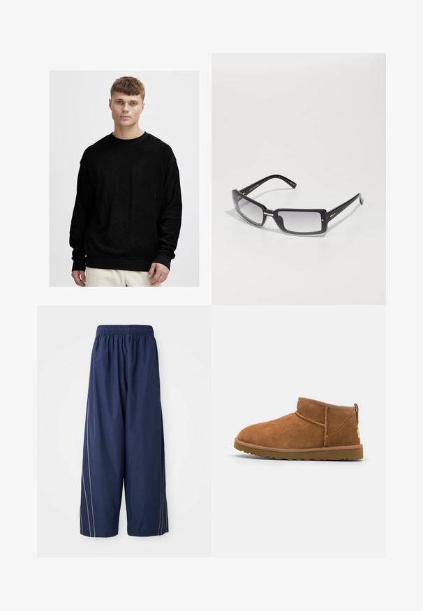 Zwarte bomberjack gemaakt van glanzende nylon stof met ribbelmanchetten, een ritssluiting aan de voorkant en een oranje voering. Bevat een ritssluiting zak op de mouw.; Zwarte sweater met lange mouwen van zachte, gestructureerde stof. Voorzien van een ronde hals en contrasterende zwarte ribgebreide manchet en onderkant.; Marineblauwe, comfortabele broek met een elastische tailleband en zijkanten in een lichtere tint. Gemaakt van glad, lichtgewicht materiaal.; Tan suède enkellaars met een ronde neus, subtiele stiksels en een gestructureerde rubberen zool. Korte hoogte zonder veters.; Zwarte rechthoekige zonnebril met een verlooplens, voorzien van een dik frame en metalen accenten op de steunen. Glad oppervlak overal.