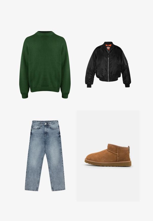 Musta pommittaja-takki, joka on valmistettu kiiltävästä nailonista, ribbettyistä hihansuista, vetoketjukiinnityksestä ja oranssista vuorauksesta. Takissa on vetoketjullinen tasku hihassa.; Vihreä neulottu villapaita, jossa on korkea kaulus, laskettu olkamerkki ja ribbaattiset hihansuut ja helma. Ominaisuutena teksturoitu, pehmeä kangas.; Vaaleansiniset farkut, joissa on suora lahje, näkyvät tikkaus, viisi taskua ja napin suljenta vyötäröllä.; Vaaleanruskeat mokkasaappaat nilkkapituiset, joissa on pyöristetty kärki, hienovaraiset ommeltydet ja teksturoitu kumipohja. Lyhyt malli ilman nauhoja.