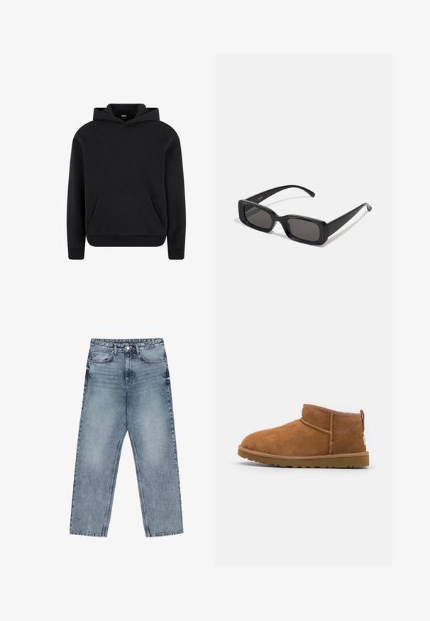 Giubbotto bomber nero realizzato in nylon lucido, con polsini a costine, chiusura con zip frontale e fodera arancione. Presenta una tasca con zip sulla manica.; Felpa nera con cappuccio realizzata in tessuto morbido, dotata di tasca a marsupio davanti, polsini a costine e cappuccio regolabile con cordino. Design classico e versatile.; Jeans in denim azzurro chiaro con taglio a gamba dritta, cuciture visibili, design a cinque tasche e chiusura a bottoni in vita.; Stivaletto in camoscio color tan con punta rotonda, dettagli di cucitura discreti e suola in gomma texture. Altezza ridotta senza lacci.; Occhiali da sole neri rettangolari con lenti scure, finitura lucida, aste larghe e design della montatura spessa. Nome del marchio inciso su un'asta.