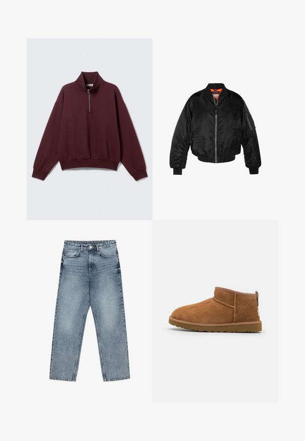 Black bomber jacket made of shiny nylon fabric with ribbed cuffs, a zip front, and an orange lining. Features a zip pocket on the sleeve.; Maroon pullover sweatshirt with a high collar and half-zip closure. Features long sleeves and a relaxed fit with ribbed cuffs and hem.; Light blue denim jeans with a straight leg cut, visible stitching, five pocket design, and a button closure at the waist.; Tan suede ankle boot with a rounded toe, subtle stitching details, and a textured rubber sole. Short height without laces.
