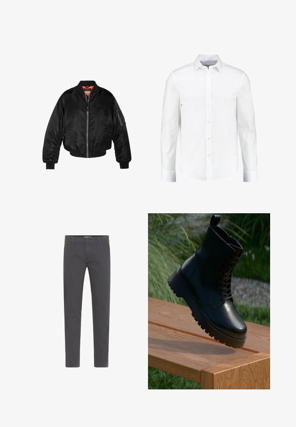 Juodas bomberio tipo švarkas, pagamintas iš blizgaus nailono audinio su lygiomis rankovėmis, užtrauktuku priekyje ir oranžine pamušalu. Su užtrauktuko kišene ant rankovės.; Balta ilgomis rankovėmis marškiniai, pagaminti iš lygaus medvilnės. Turi klasikinį apykaklę ir sagčių uždarymą su tiesia apačia.; Pilki, siauri džinsai, pagaminti iš minkštos medvilnės. Savybės: užsegimas mygtuku, diržo kilpos ir švarus, minimalistinis dizainas. Nėra matomų raštų.; Juodas odinis kulkšnių botas su tekstūruota paviršiumi, raišteliais priekyje ir stambiu, grublėtu padu. Pateiktas ant medinės plokštės su žolės fonu.