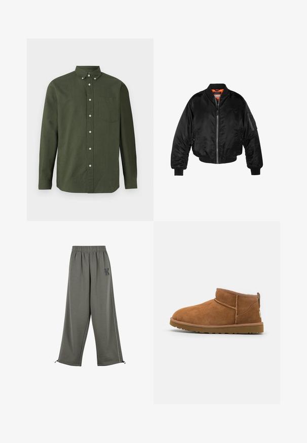 Juodas bomberio tipo švarkas, pagamintas iš blizgaus nailono audinio su lygiomis rankovėmis, užtrauktuku priekyje ir oranžine pamušalu. Su užtrauktuko kišene ant rankovės.; Tamsiai žalia marškiniai su ilgomis rankovėmis, apykakle, vienu krūtinės kišeniu ir baltais mygtukų akcentais; pagaminti iš lengvos medžiagos.; Karl Kani KK OS SIDESTRIPE - Kelnės - grey; Šviesiai rudos nubuko aulinukai iki kulkšnies su apvaliu pirštu, subtiliomis siuvimo detalėmis ir tekstūruota guma padanga. Žemas aukštis be raištelių.