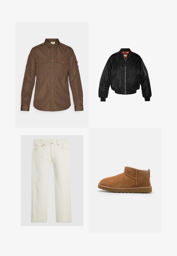 Jaqueta bomber preta feita de tecido de nylon brilhante com punhos em malha, fecho éclair na frente e forro laranja. Apresenta um bolso com fecho éclair na manga.; Camisa de manga longa castanha feita de um tecido com uma textura suave. Apresenta dois bolsos no peito, uma frente abotoada e um logótipo do lado esquerdo.; Calças de ganga brancas com corte straight-leg, fecho de botão prateado, costura laranja e cinco bolsos. O tecido tem uma textura suave.; Botim de tornozelo em camurça castanha com biqueira arredondada, detalhes de costura subtil e sola de borracha texturizada. Altura curta sem atacadores.