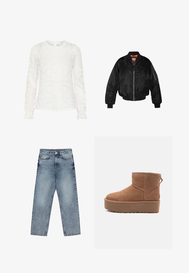 Juodas bomberio tipo švarkas, pagamintas iš blizgaus nailono audinio su lygiomis rankovėmis, užtrauktuku priekyje ir oranžine pamušalu. Su užtrauktuko kišene ant rankovės.; Baltas ilgomis rankovėmis palaidinė iš nėrinių audinio, puošta geometriniu gėlių raštu, su banguotu kaklu ir sagtele gale.; Šviesiai mėlynos džinsinės kelnės su tiesiu kelnės siluetu, matomomis siūlėmis, penkių kišenių dizainu ir mygtuko uždarymu juosmens srityje.; Smėlio spalvos zomšiniai kulkšninių batai su platformos padu, apvaliu nosiu ir siuvinėjimo akcentais; turi kilpos užpakalinėje dalyje, kad būtų lengviau užsidėti.