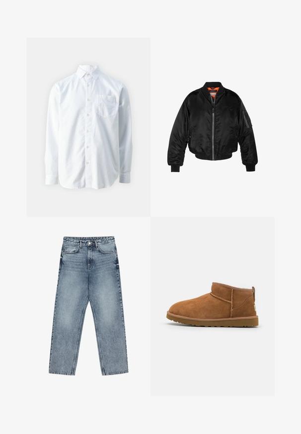 Zwarte bomberjack gemaakt van glanzende nylon stof met ribbelmanchetten, een ritssluiting aan de voorkant en een oranje voering. Bevat een ritssluiting zak op de mouw.; Guess COLLIN - Overhemd - pure white; Lichtblauwe denim jeans met een rechte pijp, zichtbare stiksels, vijf zakken en een knoopsluiting in de taille.; Tan suède enkellaars met een ronde neus, subtiele stiksels en een gestructureerde rubberen zool. Korte hoogte zonder veters.