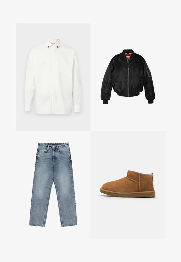 Schwarze Bomberjacke aus glänzendem Nylonstoff mit gerippten Bündchen, durchgehendem Reißverschluss und orangefarbenem Futter. Verfügt über eine Reißverschlusstasche am Ärmel.; Weißes Hemd mit Knöpfen aus Baumwolle und klassischem Kragen. Merkmale rote Akzente an den Kragenenden und ein einfaches Design. Schlichte Textur.; Hellblaue Jeans aus Denim mit geradem Schnitt, sichtbaren Nähten, fünf Taschen-Design und einem Knopfverschluss an der Taille.; Hellbraune Wildleder-Stiefelette mit runder Zehenform, dezenten Nähdetails und einer strukturierten Gummisohle. Kurze Höhe ohne Schnürsenkel.