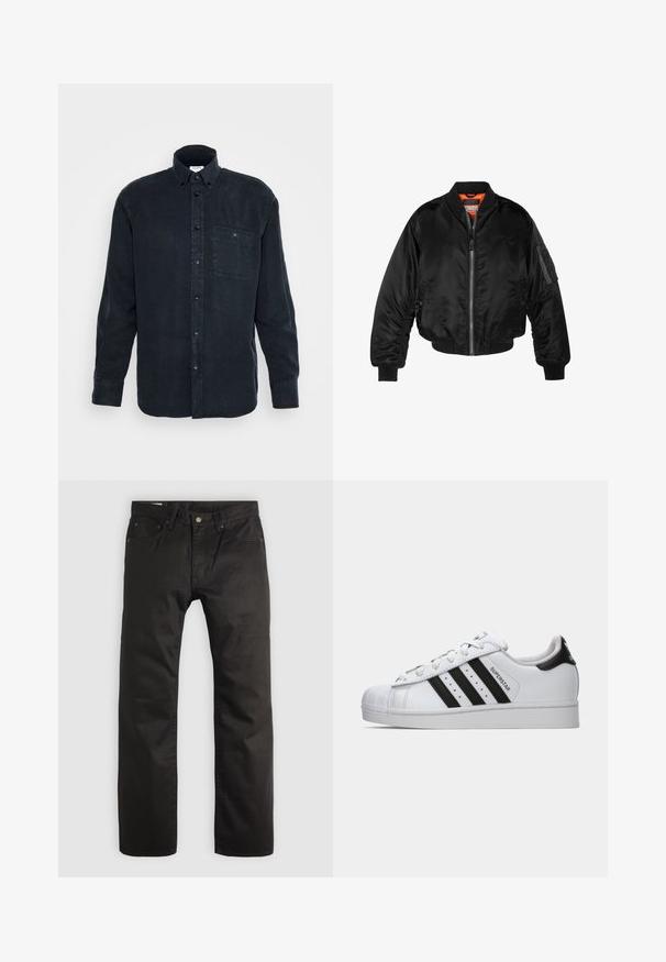 Černá bomber bunda vyrobená z lesklého nylonového materiálu s žebrovanými manžetami, zapínáním na zip a oranžovou podšívkou. Obsahuje zipovou kapsu na rukávu.; Tmavě modrá košile s dlouhým rukávem na knoflíky vyrobená z jemné bavlny, která má jednu náprsní kapsu a klasický límec.; Černé kalhoty rovného střihu s předním zapínáním na knoflík a zip, poutky na opasek a pěticípým designem kapes na světlém pozadí.; Bílé tenisky Adidas Superstar s černými pruhy, špičkou ve tvaru skořápky a textem "Superstar" na boku, zobrazené v levém profilu na bílém pozadí.