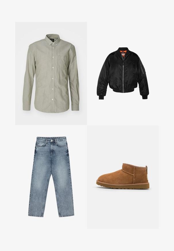 Giubbotto bomber nero realizzato in nylon lucido, con polsini a costine, chiusura con zip frontale e fodera arancione. Presenta una tasca con zip sulla manica.; Camicia verde chiaro con maniche lunghe e bottoni, realizzata in cotone. Presenta un colletto, tasca frontale e chiusura con bottoni. Tessuto liscio.; Jeans in denim azzurro chiaro con taglio a gamba dritta, cuciture visibili, design a cinque tasche e chiusura a bottoni in vita.; Stivaletto in camoscio color tan con punta rotonda, dettagli di cucitura discreti e suola in gomma texture. Altezza ridotta senza lacci.