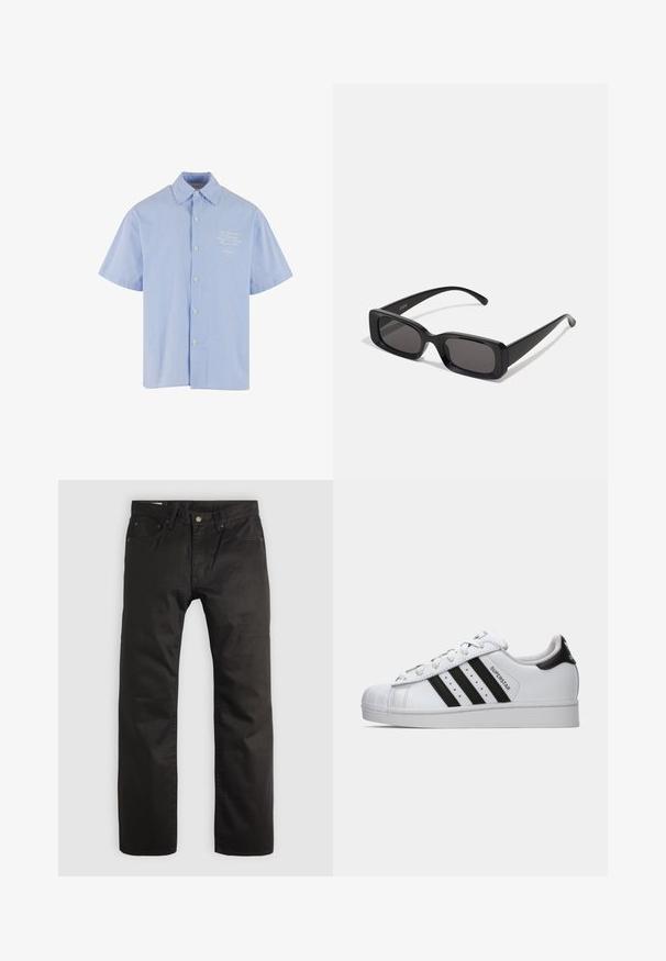 Jachetă bomber neagră dintr-un material nylon lucios, cu manșete ribbed, deschidere cu fermoar și căptușeală portocalie. Prezintă o buzunare cu fermoar pe mânecă.; Cămașă cu mânecă scurtă, de culoare albastru deschis, cu dungi albe, având un guler clasic și un mic design brodat pe piept.; Urban Classics TANK - Top - white; Pantaloni negri cu picior dreaptă, cu închidere prin buton și fermoar în față, cu bucle pentru curea și design cu cinci buzunare, pe un fundal deschis.; Tenisii Adidas Superstar albi cu dungi negre, vârf în formă de scoică și textul "Superstar" pe latură, prezentați în profil stâng pe un fundal alb.; Ochelari de soare negri, cu ramă rectangulară, lentile întunecate, finisaj lucios, brațe late și un design masiv. Numele mărcii gravat pe una dintre brațe.