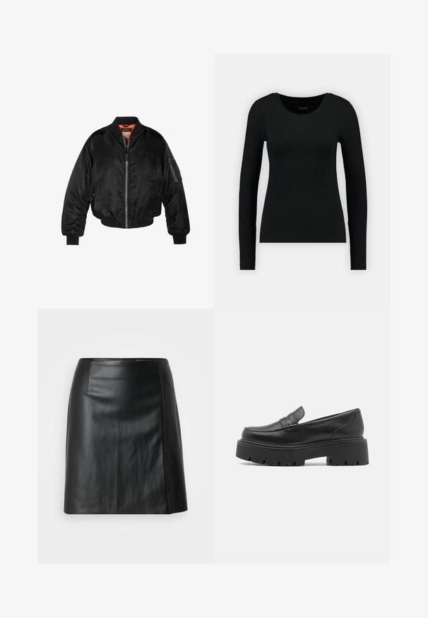 Juodas bomberio tipo švarkas, pagamintas iš blizgaus nailono audinio su lygiomis rankovėmis, užtrauktuku priekyje ir oranžine pamušalu. Su užtrauktuko kišene ant rankovės.; Juoda ilgomis rankovėmis marškinėliai pagaminti iš įribuoto audinio. Turi apvalų iškirpimą ir prigludusią siluetą. Paprastas dizainas be raštų ar akcentų.; Juodas odinis sijonas, A formos dizainas, lygus paviršius, šone su praskiepu. Yra subtilus siuvinėjimas siūlėse papildomam detalizavimui.; Juodas odinis loafers'ų modelis su žemu, masyviu guminio pado, siuvinėtomis detalėmis ant viršaus ir lygia tekstūra.