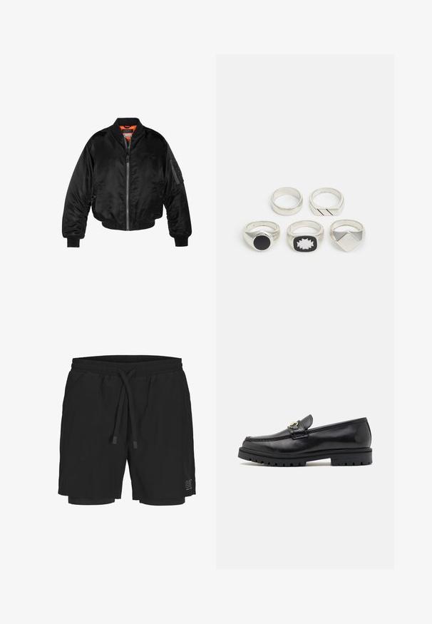 Chaqueta bomber negra hecha de tejido de nailon brillante con puños de canalé, cierre de cremallera en el frente y un forro naranja. Cuenta con un bolsillo con cremallera en la manga.; Camiseta de algodón blanca con un cuello redondo y mangas cortas. Corte relajado sin patrones o acentos visibles. Textura suave.; Bañador negro hecho de un tejido ligero con cinturilla elástica, cordón ajustable y forro interior. Presenta un logo en el costado.; Mocasines de cuero negro con un acabado suave, punta redonda, una tira decorativa con herraje dorado y una suela negra robusta.; Cinco anillos de plata: uno con un detalle circular negro, uno con un patrón geométrico en blanco y negro, y otros con diversas formas y acabados.