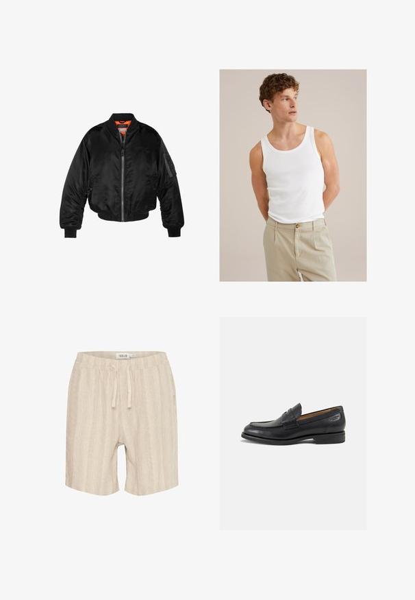 Czarna kurtka bombowiec wykonana z błyszczącego nylonowego materiału, z prążkowanymi mankietami, zamek z przodu i pomarańczową podszewką. Posiada kieszeń na zamku na rękawie.; Biały bawełniany top na ramiączkach z okrągłym dekoltem i szerokimi ramiączkami, połączony z jasnobeżowymi spodniami z guzikiem i plisami.; Beżowe bawełniane szorty w pionowe paski, elastyczny pas, sznurek do regulacji i boczne kieszenie. Miękka faktura i swobodny styl.; Czarne skórzane mokasyny o gładkim wykończeniu, zaokrąglonym nosku i dekoracyjnym przeszyciu na cholewce. Niski, warstwowy obcas i delikatny połysk.