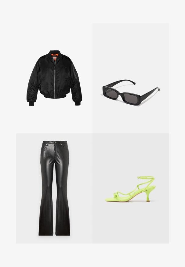 Zwarte bomberjack gemaakt van glanzende nylon stof met ribbelmanchetten, een ritssluiting aan de voorkant en een oranje voering. Bevat een ritssluiting zak op de mouw.; Twee mouwloze tanktops: één witte met geribbeld textuur en één lichtgrijze met een subtiel heatherpatroon. Beide hebben een ronde hals.; Zwarte leren flared broeken met een gladde textuur, vijf zakken, een sluiting met knoop aan de voorkant en een getailleerd silhouet door de dijen.; Neon groene hoge hak sandaal met een vierkante neus, dunne bandjes, enkelgesp en een gebogen hak. Gladde stof met een glanzende afwerking.; Zwarte rechthoekige zonnebril met donkere lenzen, glanzende afwerking, brede pootjes en een robuust frameontwerp. Gegraveerde merknaam op één van de pootjes.