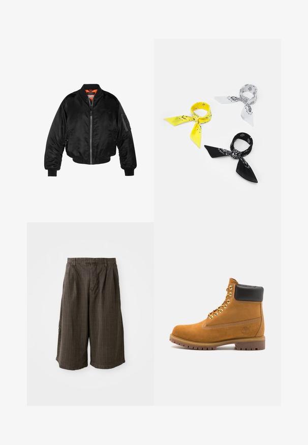 Melna bomber jaka, izgatavota no spīdīgas neilona auduma, ar ribotām aprocēm, ar rāvējslēdzēju priekšā un oranžu odere. Iespēja ir rāvējslēdzēja kabata uz piedurknes.; Urban Classics TANK - Tops - white; Brūni svītraini šorti ar brīvu piegriezumu. Izgatavoti no viegla auduma, ar piegriezumiem un ar apmali, piešķirot papildus detaļas.; Brūna zamša potīte ar melnu izšuvumu ap kaklu, zelta metāla acu caurumi, balta šuvju apdare un izturīgs gumijas zole ar izteiktu zīmējumu.; Trīs bandanas: viena dzeltena ar melniem rakstiem, viena balta ar melniem dizainiem un viena melna ar baltiem attēliem. Visi ir kvadrāti, viegli audumi.