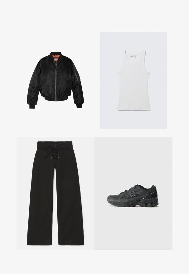 Black bomber jacket made of shiny nylon fabric with ribbed cuffs, a zip front, and an orange lining. Features a zip pocket on the sleeve.; White cotton tank top with a ribbed texture, sleeveless design, and a round neckline. Features a label at the neck reading "WEEKDAY."; Black wide-leg pants with a high waist, featuring a lace-up front closure and snap button. Made of denim with a smooth texture.; Black running shoes featuring a mesh upper, padded collar, synthetic accents, and a textured sole with visible cushioning elements.