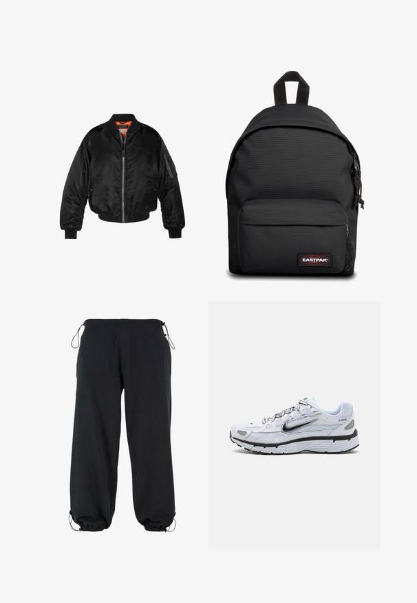 Musta pommittaja-takki, joka on valmistettu kiiltävästä nailonista, ribbettyistä hihansuista, vetoketjukiinnityksestä ja oranssista vuorauksesta. Takissa on vetoketjullinen tasku hihassa.; Musta puuvillapaita, jossa on lyhyet hihat, pyöreä kaula-aukko ja rento istuvuus. Sujuva pinta ja minimalistinen muotoilu, ei kuvioita tai korostuksia.; Mustat collegehousut pehmeästä kankaasta, joissa on löysä istuvuus, joustavat hihnat ja kiristysnauhat vyötäröllä säätömahdollisuutta varten.; Valkoiset juoksukengät, joissa on verkkomateriaali yläosassa, pyöristetty kärki, mustat yksityiskohdat ja kuvioitu pohja. Varustettu nauhoilla ja brändäyksellä sivussa.; Musta Eastpak-reppu, joka on valmistettu kestävästä kankaasta. Repussa on pyöreä yläosa, säädettävät olkahihnat ja etupuolella vetoketjullinen tasku.