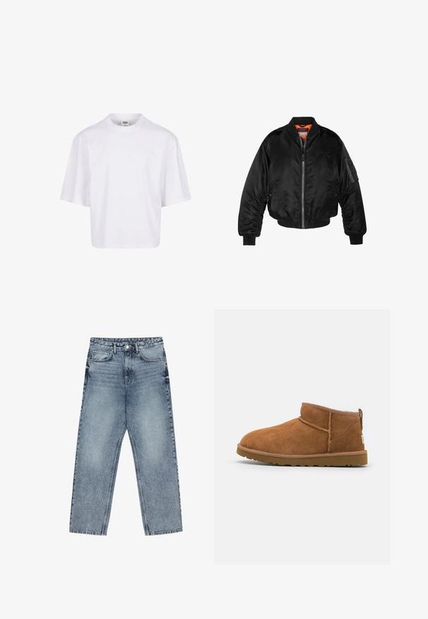 Čierna bomber bunda vyrobená z lesklého nylonového materiálu s rebrovými manžetami, predným zipsom a oranžovou podšívkou. Obsahuje zipsovú vrecko na rukáve.; Biela, krátkymi rukávmi tričko s okrúhlym výstrihom a voľným strihom, vyrobené z hladkej bavlnenej zmesi. Bez vzorov alebo ozdôb.; Svetlomodré džíny s rovnými nohavicami, viditeľným prešívaním, dizajnom s piatimi vreckami a zapínaním na gombík v oblasti pása.; Svetlohnedé semišové kotníkové boty s kulatou špičkou, jemnými stehy a texturovanou gumovou podrážkou. Krátká výška bez šněrování.