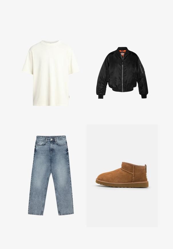 Black bomber jacket made of shiny nylon fabric with ribbed cuffs, a zip front, and an orange lining. Features a zip pocket on the sleeve.; Short-sleeve, crew-neck t-shirt in off-white, made of soft cotton, featuring a straight cut and minimalistic design with no patterns.; Light blue denim jeans with a straight leg cut, visible stitching, five pocket design, and a button closure at the waist.; Tan suede ankle boot with a rounded toe, subtle stitching details, and a textured rubber sole. Short height without laces.
