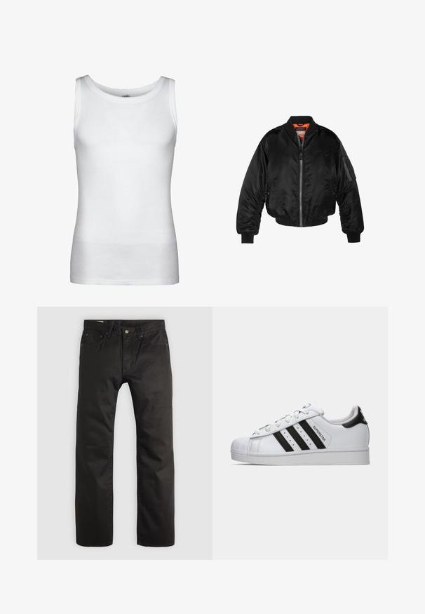 Čierna bomber bunda vyrobená z lesklého nylonového materiálu s rebrovými manžetami, predným zipsom a oranžovou podšívkou. Obsahuje zipsovú vrecko na rukáve.; Urban Classics TANK - Top - white; Čierne nohavice rovného strihu s predným gombíkom a zipsom, pútkami na opasok a dizajnom piatich vreciek na svetlom pozadí.; Biele tenisky Adidas Superstar s čiernymi pruhmi, špičkou v tvare mušle a textom "Superstar" na boku, zobrazené z ľavého profilu na bielom pozadí.