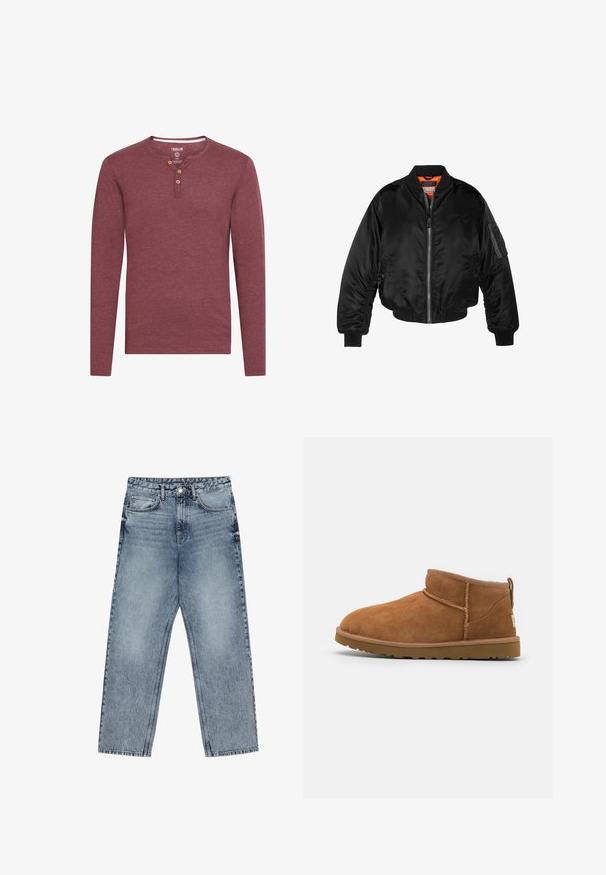 Čierna bomber bunda vyrobená z lesklého nylonového materiálu s rebrovými manžetami, predným zipsom a oranžovou podšívkou. Obsahuje zipsovú vrecko na rukáve.; Dlhý rukáv, burgundská henley košeľa z mäkkého materiálu, s okrúhlym výstrihom a tromi drevenými gombíkmi pri zapínaní.; Svetlomodré džíny s rovnými nohavicami, viditeľným prešívaním, dizajnom s piatimi vreckami a zapínaním na gombík v oblasti pása.; Svetlohnedé semišové kotníkové boty s kulatou špičkou, jemnými stehy a texturovanou gumovou podrážkou. Krátká výška bez šněrování.