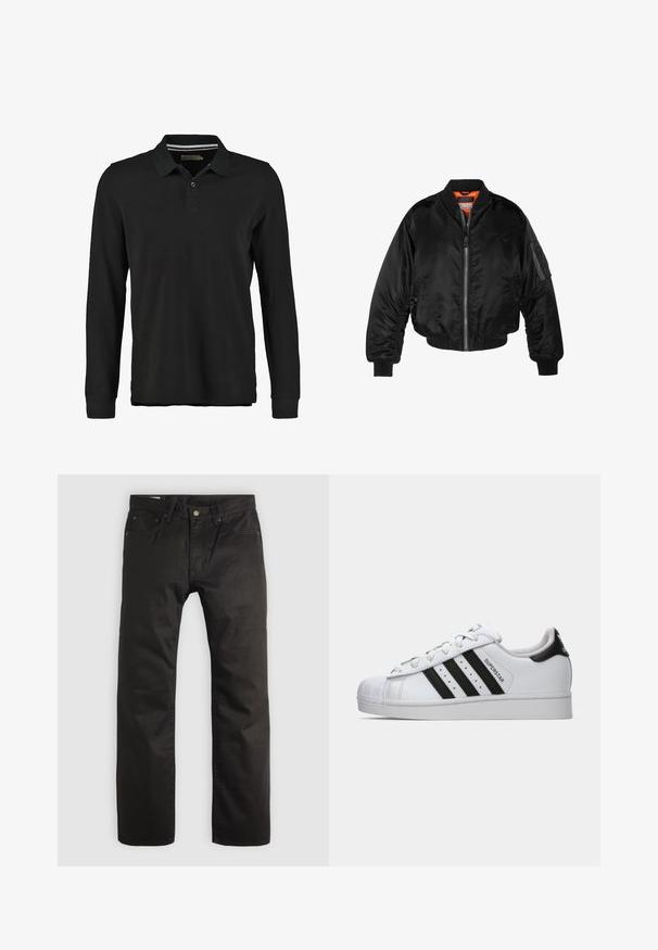 Schwarze Bomberjacke aus glänzendem Nylonstoff mit gerippten Bündchen, durchgehendem Reißverschluss und orangefarbenem Futter. Verfügt über eine Reißverschlusstasche am Ärmel.; Schwarzes Langarm-Polohemd aus Baumwolle. Verfügt über eine Knopfleiste mit zwei Knöpfen, einen gerippten Kragen und ein dezentes Streifendetail unter dem Kragen.; Schwarze gerade geschnittene Hose mit einem Frontknopf und Reißverschluss, Gürtelschlaufen und fünf Taschen im Design vor hellem Hintergrund.; Weiße Adidas Superstar Sneaker mit schwarzen Streifen, charakteristischer Zehenkappe und "Superstar"-Schriftzug an der Seite, im linken Profil auf weißem Hintergrund gezeigt.