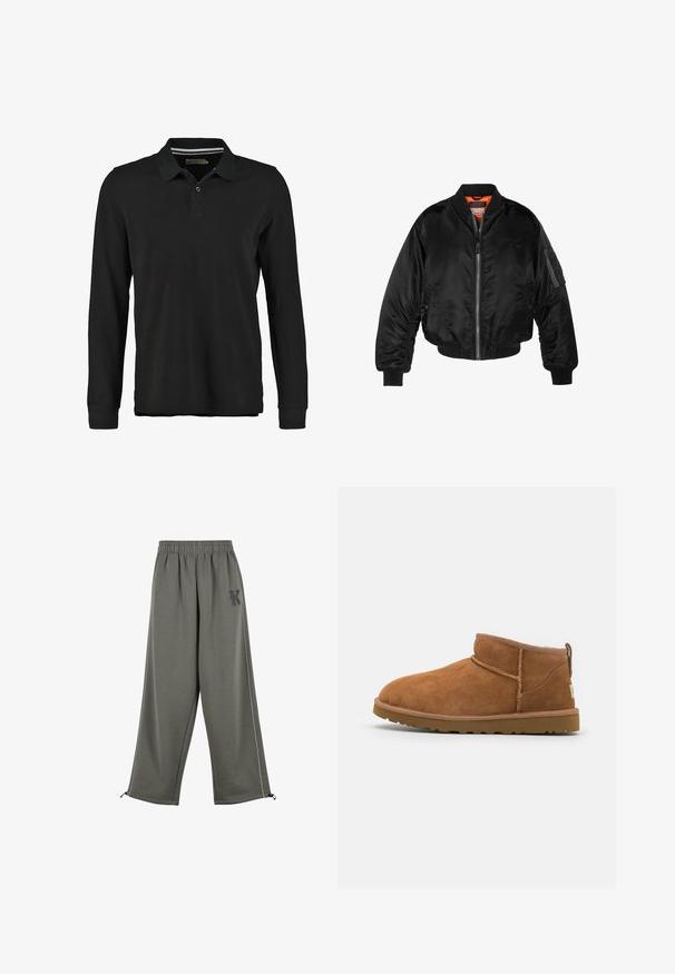 Črna bomberska jakna iz sijočega najlonskega materiala z rebrastimi manšeti, z zadrgo na sprednji strani in oranžno podlogo. Ima žep z zadrgo na rokavu.; Črna polo majica z dolgimi rokavi iz bombaža. Ima zapiranje na dva gumba, rebrast ovratnik in subtilen trak pod ovratnikom.; Karl Kani KK OS SIDESTRIPE - Hlače - grey; Tanen semiš škornji do gležnjev z zaobljenim nosom, subtilnimi šivi in teksturirano gumijasto podplatom. Kratka višina brez vezalk.