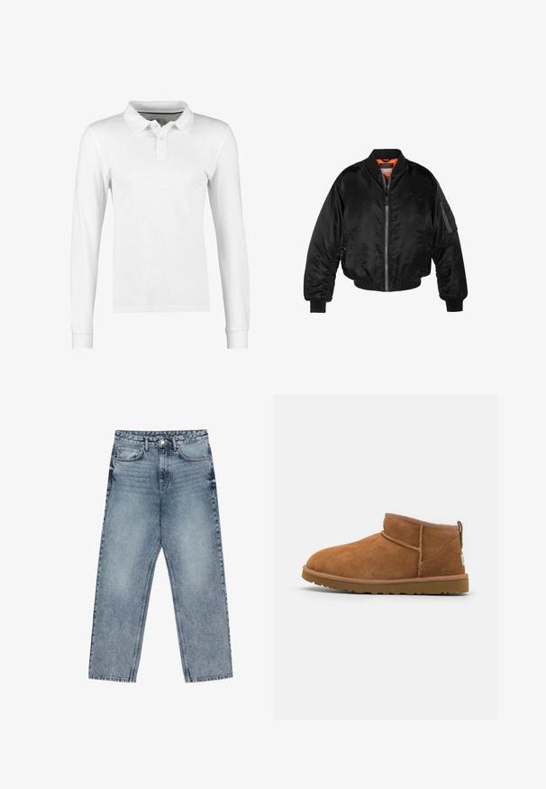 Giubbotto bomber nero realizzato in nylon lucido, con polsini a costine, chiusura con zip frontale e fodera arancione. Presenta una tasca con zip sulla manica.; Polo a maniche lunghe in cotone bianco, con colletto, patta con tre bottoni e texture liscia senza motivi o decorazioni.; Jeans in denim azzurro chiaro con taglio a gamba dritta, cuciture visibili, design a cinque tasche e chiusura a bottoni in vita.; Stivaletto in camoscio color tan con punta rotonda, dettagli di cucitura discreti e suola in gomma texture. Altezza ridotta senza lacci.