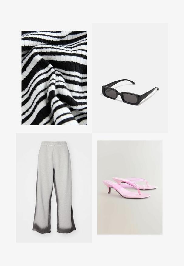Giubbotto bomber nero realizzato in nylon lucido, con polsini a costine, chiusura con zip frontale e fodera arancione. Presenta una tasca con zip sulla manica.; Tessuto a righe bianche e nere con una texture a coste; strisce larghe e strette alternate creano un motivo audace.; Pantaloni grigi in felpa con una finitura testurizzata, caratterizzati da una sfumatura grigio scuro graduale all'orlo, cintura elastica e taglio ampio.; Sandali con tacco rosa con finitura lucida, caratterizzati da un design a fascia e un sottile tacco metallico. Texture liscia e stile minimalista.; Occhiali da sole neri rettangolari con lenti scure, finitura lucida, aste larghe e design della montatura spessa. Nome del marchio inciso su un'asta.