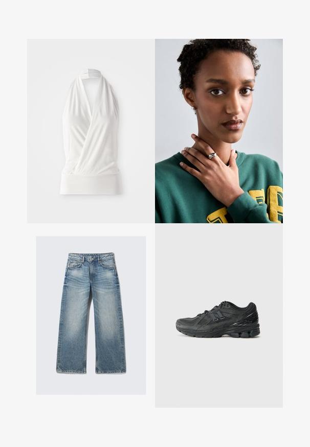 Giubbotto bomber nero realizzato in nylon lucido, con polsini a costine, chiusura con zip frontale e fodera arancione. Presenta una tasca con zip sulla manica.; Top bianco senza maniche con design avvolgente, realizzato in tessuto morbido e leggero. Presenta un bordo aderente all'orlo e una tracolla con nodo.; Jeans a gamba larga di colore azzurro chiaro, realizzati in denim, con vita alta, cinque tasche e lavaggio sbiadito con un effetto leggero di whiskering.; Scarpe da corsa nere con tomaia in rete, collo imbottito, dettagli sintetici e suola testurizzata con elementi di ammortizzazione visibili.; Anello d'argento con un design liscio e curvo caratterizzato da un accento a forma di stella. Modello che indossa una felpa verde con scritte gialle, mani vicino al collo.