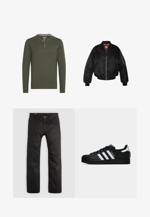 Crna bomberska jakna izrađena od sjajnog najlonskog materijala s rebrastim manžetama, prednjim zatvaračem i narančastim podstavom. Ima zip džep na rukavu.; Solid SDVOLKO - Top dugih rukava - olive; Crne hlače ravnog kroja s prednjim kopčanjem na gumb i patentni zatvarač, petlje za remen i dizajnom s pet džepova na svijetloj pozadini.; Crne Adidas Superstar tenisice s bijelim prugama, konusom na vrhu i natpisom "Superstar" sa strane, prikazane u bočnom profilu na bijeloj pozadini.