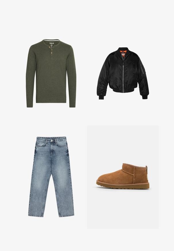 Črna bomberska jakna iz sijočega najlonskega materiala z rebrastimi manšeti, z zadrgo na sprednji strani in oranžno podlogo. Ima žep z zadrgo na rokavu.; Solid SDVOLKO - Majica z dolgimi rokavi - olive; Svijetloplave traperice s ravnim krojem, vidljivim šavovima, dizajnom od pet džepova i kopčanjem na gumbu u struku.; Tanen semiš škornji do gležnjev z zaobljenim nosom, subtilnimi šivi in teksturirano gumijasto podplatom. Kratka višina brez vezalk.