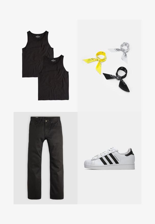 Črna bomberska jakna iz sijočega najlonskega materiala z rebrastimi manšeti, z zadrgo na sprednji strani in oranžno podlogo. Ima žep z zadrgo na rokavu.; Dve črne majice brez rokavov iz bombaža, z enostavnim zaobljenim izrezom in brezrokavnim dizajnom, razporejene ravno s gladko teksturo.; Črne hlače ravnega kroja z zapiranjem na gumb in zadrgo spredaj, z zankami za pas in zasnovo s petimi žepi na svetli podlagi.; Belo Adidas Superstar čevljek z črnimi črtami, zaščitnim konicami in napisom "Superstar" na strani, prikazan v levem profilu na belem ozadju.; Tri bandane: ena rumena z črnimi vzorci, ena bela s črnimi motivi in ena črna z belimi grafičnimi elementi. Vse so kvadratne, iz lahkega blaga.