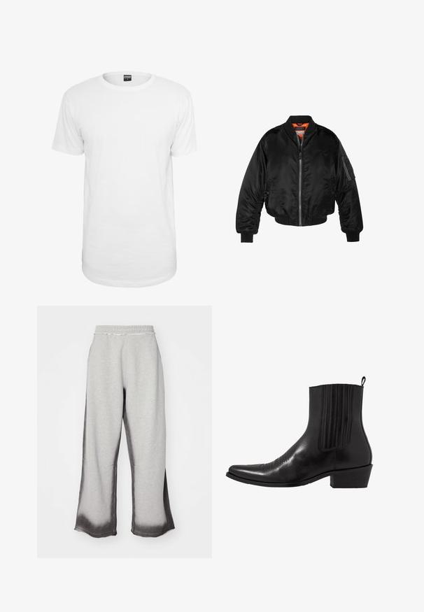 Zwarte bomberjack gemaakt van glanzende nylon stof met ribbelmanchetten, een ritssluiting aan de voorkant en een oranje voering. Bevat een ritssluiting zak op de mouw.; Witte kortemouwen T-shirt van katoen, met een klassieke ronde hals, een relaxte pasvorm en geen zichtbare patronen of logo's.; Grijze sweats met een textuurafwerking, met een geleidelijke donkergrijze vervaging aan de zoom, elastische tailleband en brede pijpen.; Zwarte leren enkellaarzen met een spitse neus, elastische zijpanele, verticale stiksels en een lage blokhak.