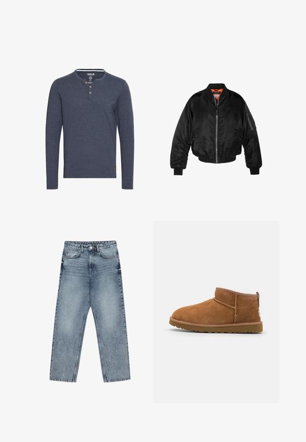 Crna bomberska jakna izrađena od sjajnog najlonskog materijala s rebrastim manžetama, prednjim zatvaračem i narančastim podstavom. Ima zip džep na rukavu.; Solid SDVOLKO - Top dugih rukava - mottled blue; Svijetloplave traperice ravnog kroja, vidljivo šivanje, dizajn s pet džepova i kopčanje na gumbu u struku.; Tamnasti antilop čizme do gležnja s zaobljenim vrhom, suptilnim detaljima šivanja i teksturiranom gumom potplatom. Niska visina bez pertli.