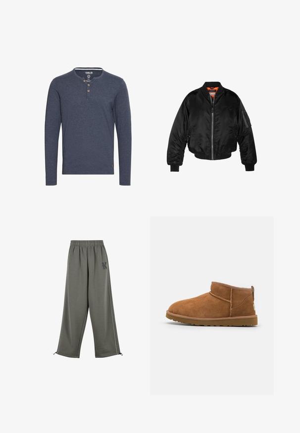 Must noirist bomber-jakk, mis on valmistatud läikivast nailonist kangast, ribikätistega, lukk ees ja oranž vooder. Omab lukuga taskut varruka peal.; Solid SDVOLKO - Pikkade varrukatega topp - mottled blue; Karl Kani KK OS SIDESTRIPE - Püksid - grey; Kerged suede pahklipüne, ümarate varvastega, delikaatsed õmblustead ja tekstureeritud kummist tald. Lühike kõrgus ilma paeltega.