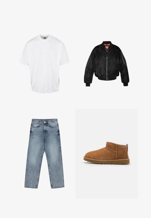 Musta pommittaja-takki, joka on valmistettu kiiltävästä nailonista, ribbettyistä hihansuista, vetoketjukiinnityksestä ja oranssista vuorauksesta. Takissa on vetoketjullinen tasku hihassa.; Valkoinen puuvillapaita rentoa leikkausta, lyhyet hihat ja pyöreä kaula-aukko, suora helma ja ilman näkyviä kuvioita tai graafisia elementtejä.; Vaaleansiniset farkut, joissa on suora lahje, näkyvät tikkaus, viisi taskua ja napin suljenta vyötäröllä.; Vaaleanruskeat mokkasaappaat nilkkapituiset, joissa on pyöristetty kärki, hienovaraiset ommeltydet ja teksturoitu kumipohja. Lyhyt malli ilman nauhoja.