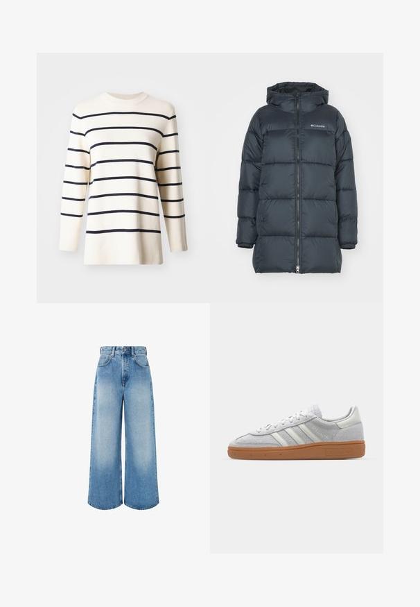 Tummansininen puhallettava takki hupulla, jossa on vetoketjullinen etuosa, vaakasuuntainen tikkaus ja logo rinnassa. Materiaali on sileä.; Kerman neule, jossa on tummansinisiä vaakasuoria raitoja, varustettuna ribatulla pyöreällä kaula-aukolla ja pitkillä hihoilla, valmistettu pehmeästä, tekstuurista kankaasta.; Valkoinen raidallinen pitkähihainen paita, jossa on pyöreä pääntie. Valmistettu stretch-kankaasta, joka myötäilee vartaloa. Sisältää hillittyjä vaakasuoria viivoja.; Vaaleansiniset leveälahkeiset farkut, joissa on korkea vyötärö, napitus ja hienovarainen kuluminen puhtaine helman reunoineen.; Vaaleanharmaat mokkanahkakengät, joissa on valkoiset nahkaosat, kolme valkoista raitaa ja ruskea kumipohja, ja joissa on pehmustettu varsi mukavuutta varten.