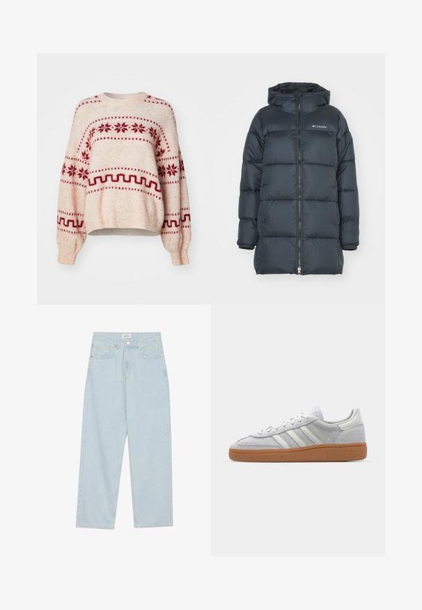 Donker marineblauwe pufferjack met een capuchon, voorzien van een ritssluiting aan de voorkant, horizontaal gestikte design en een logo op de borst. Het materiaal heeft een gladde textuur.; Lichtbeige sweater met rode sneeuwvlokken en geometrische patronen, losse pasvorm, lange mouwen, ronde halslijn en geribde zoom en manchetten.; Witte geribbelde langemouwen top met een ronde halslijn. Gemaakt van een rekbare stof die het lichaam volgt. Heeft subtiele horizontale lijnen.; Lichtblauwe wijde spijkerbroek van denim, met een middellange taille, vijf zakken en een knoopsluiting met een slanke metalen accent.; Lichtgrijze suède sneaker met witte leren accenten, drie witte strepen en een bruine rubberen zool, met een gewatteerde kraag voor comfort.